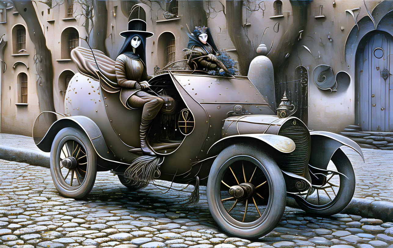 Surreal anthropomorphic bird illustration with vintage car on cobblestone street