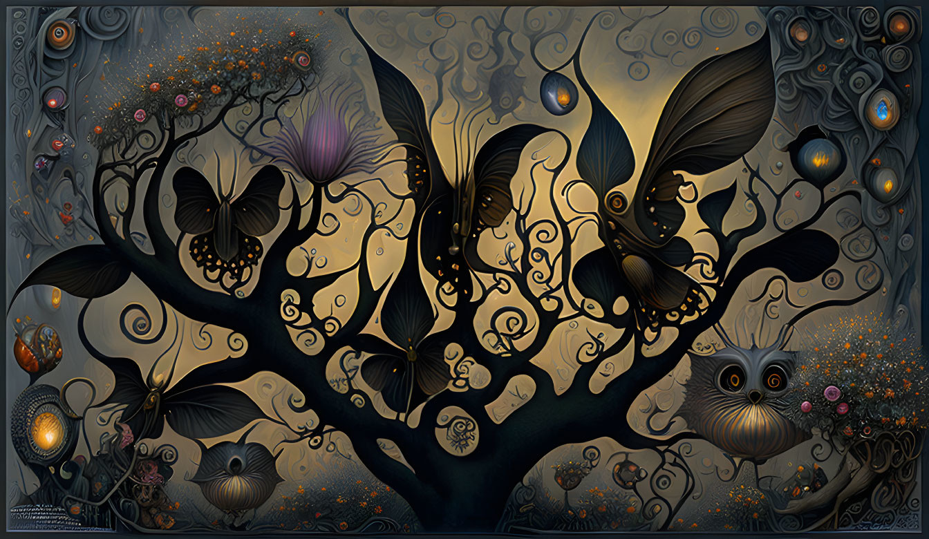 Fantastical Tree Art with Butterfly Elements and Glowing Orbs