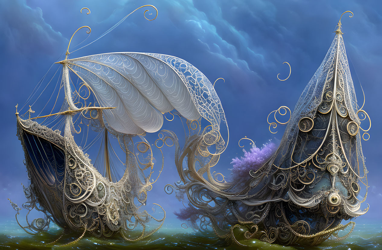 Fantasy ships with intricate designs and feather-like sails on calm sea under stormy sky