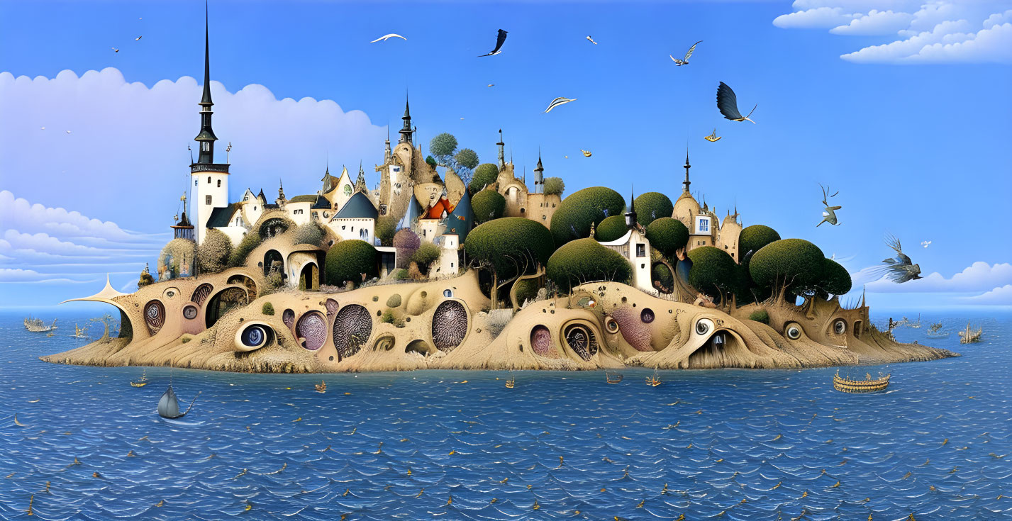 Surreal landscape with rolling hills, fantastical buildings, and trees against blue sky