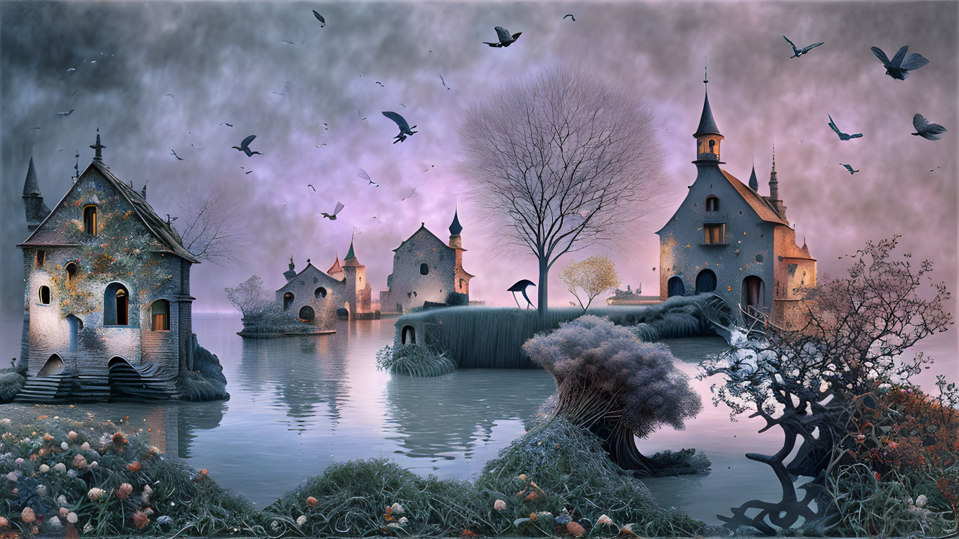 Mystical landscape with serene lake, medieval buildings, flying birds, twilight sky