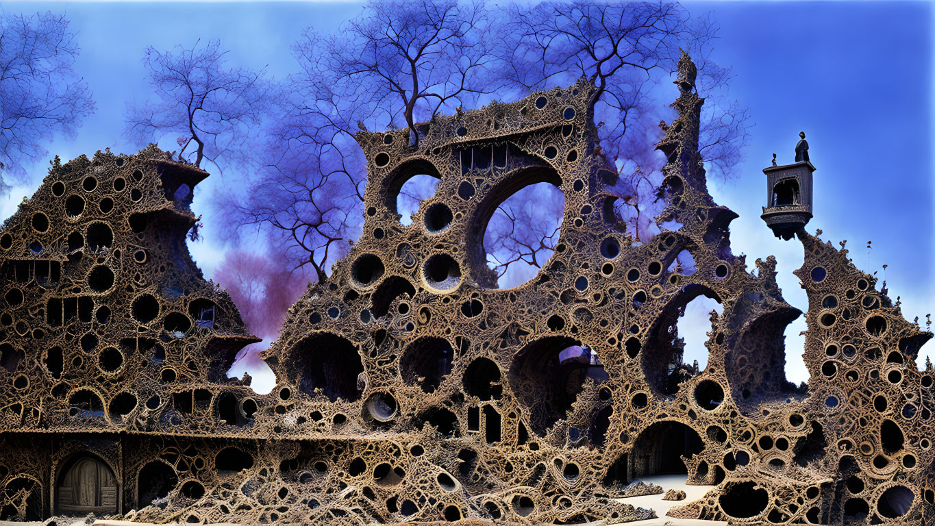 Detailed Fractal Architecture with Circular Openings and Tree Silhouettes