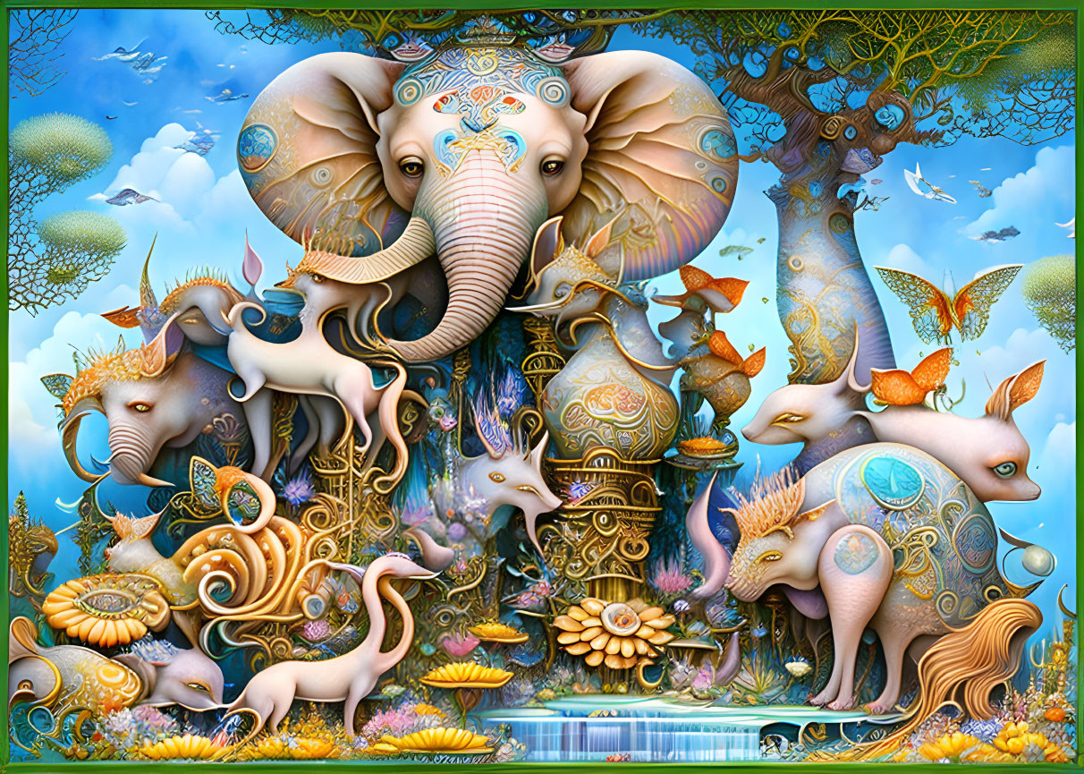 Colorful fantasy artwork: Decorated elephant with mythical creatures