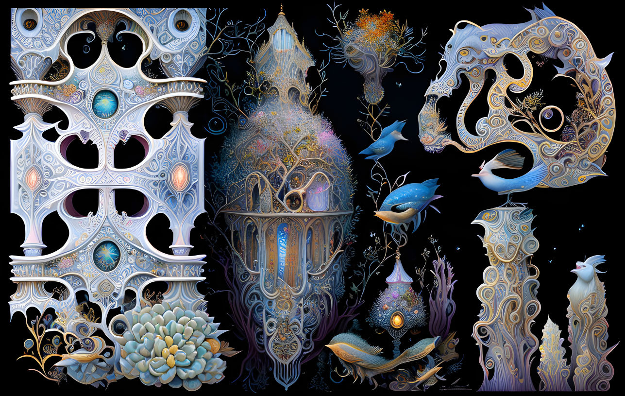 Fantasy triptych with ornate architecture and marine life on dark background