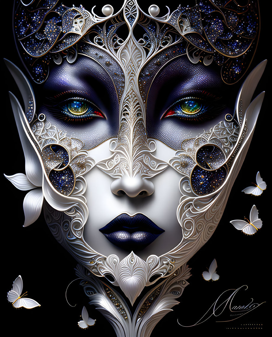 Symmetrical silver filigree face art with jewels and butterflies