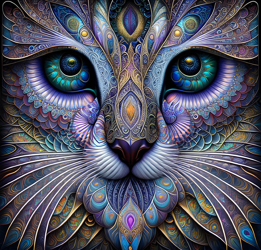 Vibrant digital artwork of stylized cat's face with intricate patterns in blues and purples