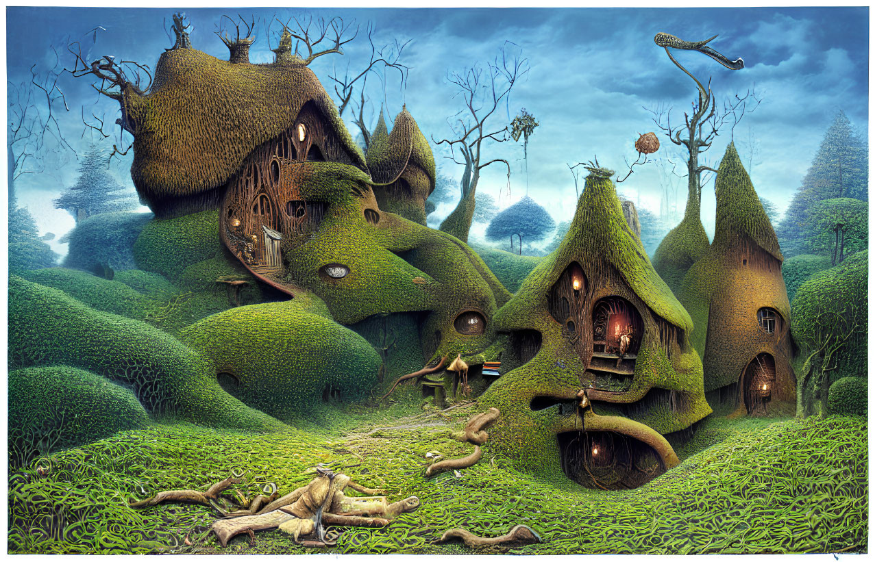 Whimsical tree-like houses in lush green landscape