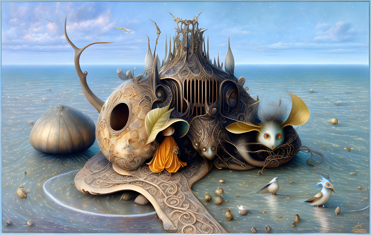 Surreal painting of ornate snail-like structure on calm seashore