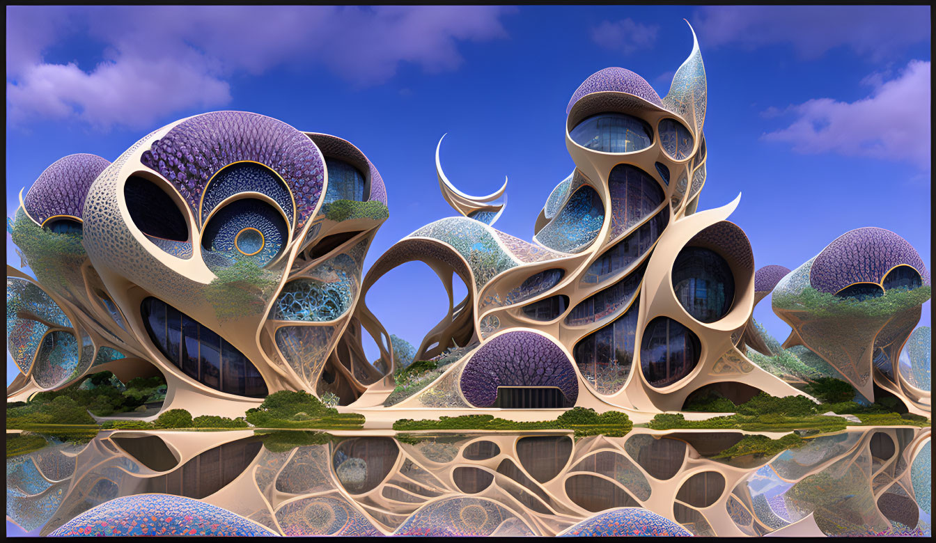 Futuristic building with organic, curvilinear shapes and blue-purple textures reflecting on tranquil water surface