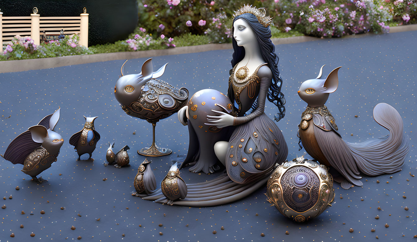 Regal female figure with long blue hair and whimsical mechanical rabbits