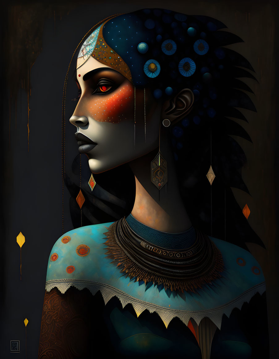 Dark-haired woman with celestial and tribal motifs in side profile against geometric shapes on dark background