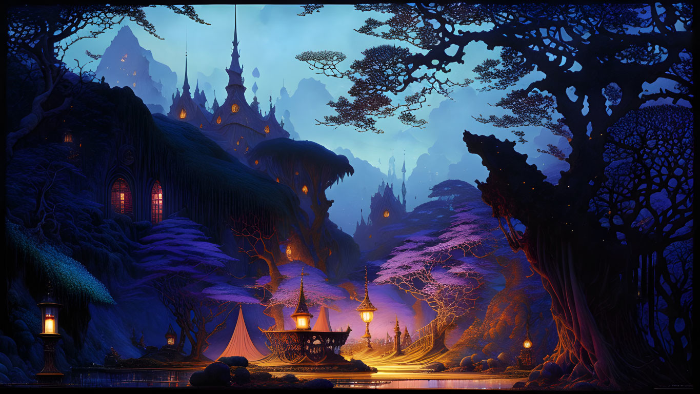 Mystical fantasy night landscape with illuminated castle, mountains, lake, and starry sky