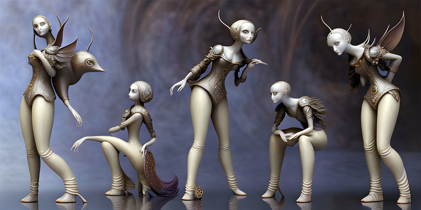 Six stylized fantasy figures with elongated limbs in ornate beige and brown outfits