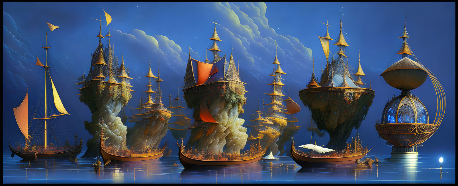 Fantastical fleet of flying ships with ornate sails and intricate designs