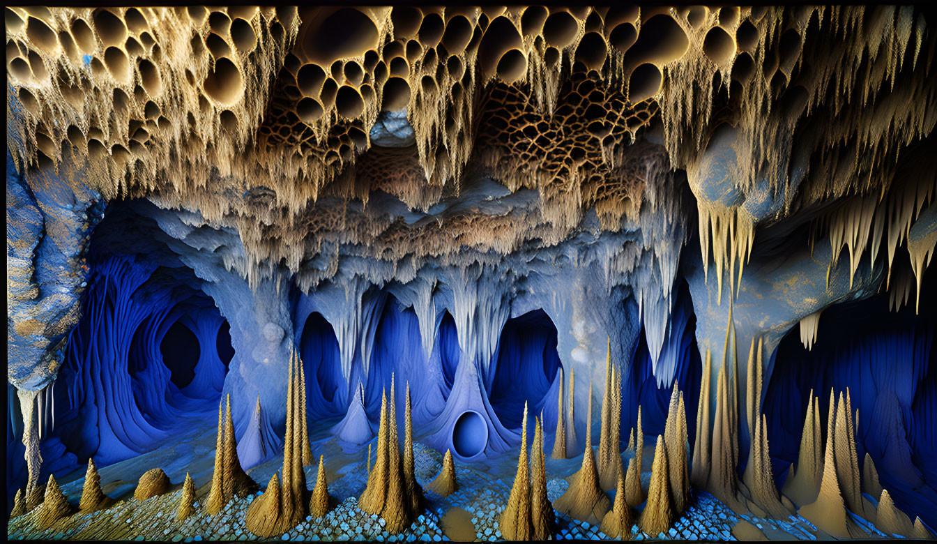 Fantastical digital cave with blue and gold stalactites and stalagmites