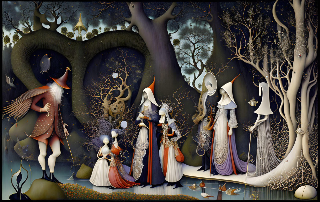 Stylized figures in elaborate costumes in surreal forest setting