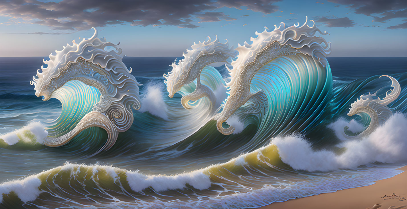 Digital art: Two sea dragon waves in intricate detail