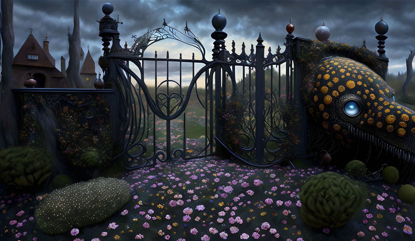 Ornate iron gate leading to whimsical garden with creature-like structure at twilight