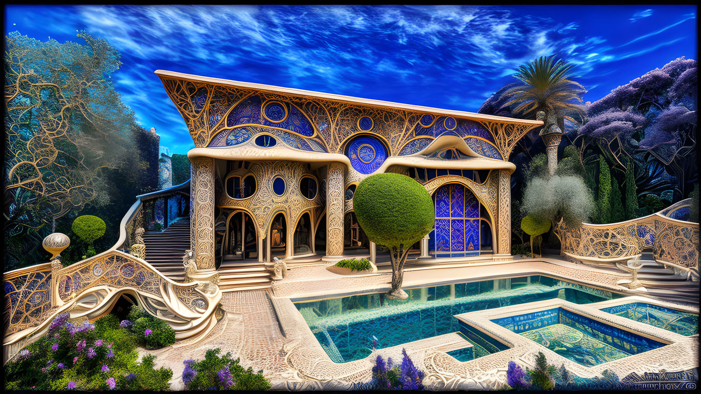 Vibrant surreal image: ornate blue and gold building with lush greenery and blue pool