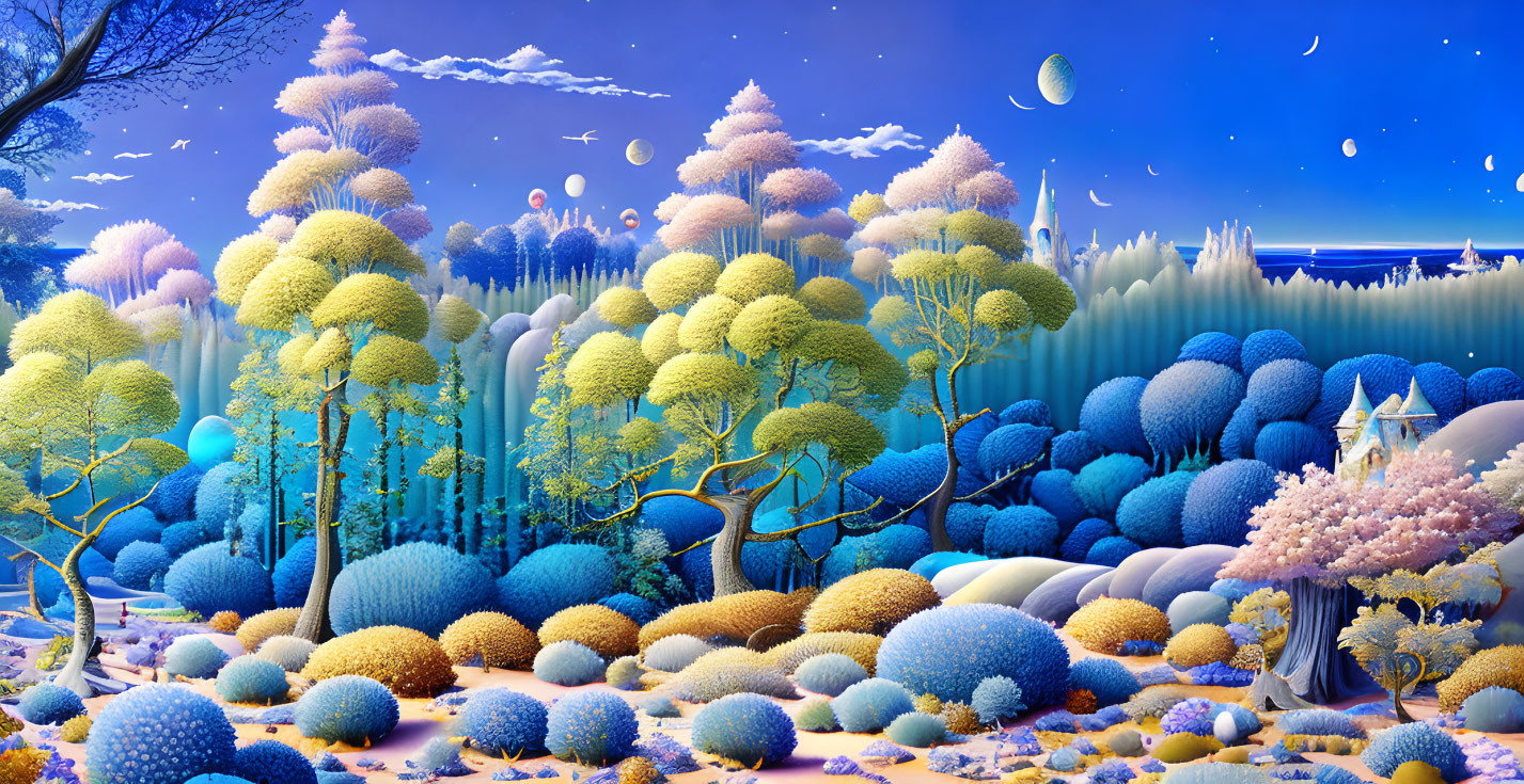 Fantastical Blue Landscape with Stylized Trees and Castle at Twilight