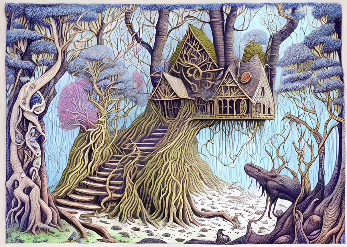 Detailed whimsical treehouse illustration with ancient tree, intricate roots, fantastical flora, and curious creature