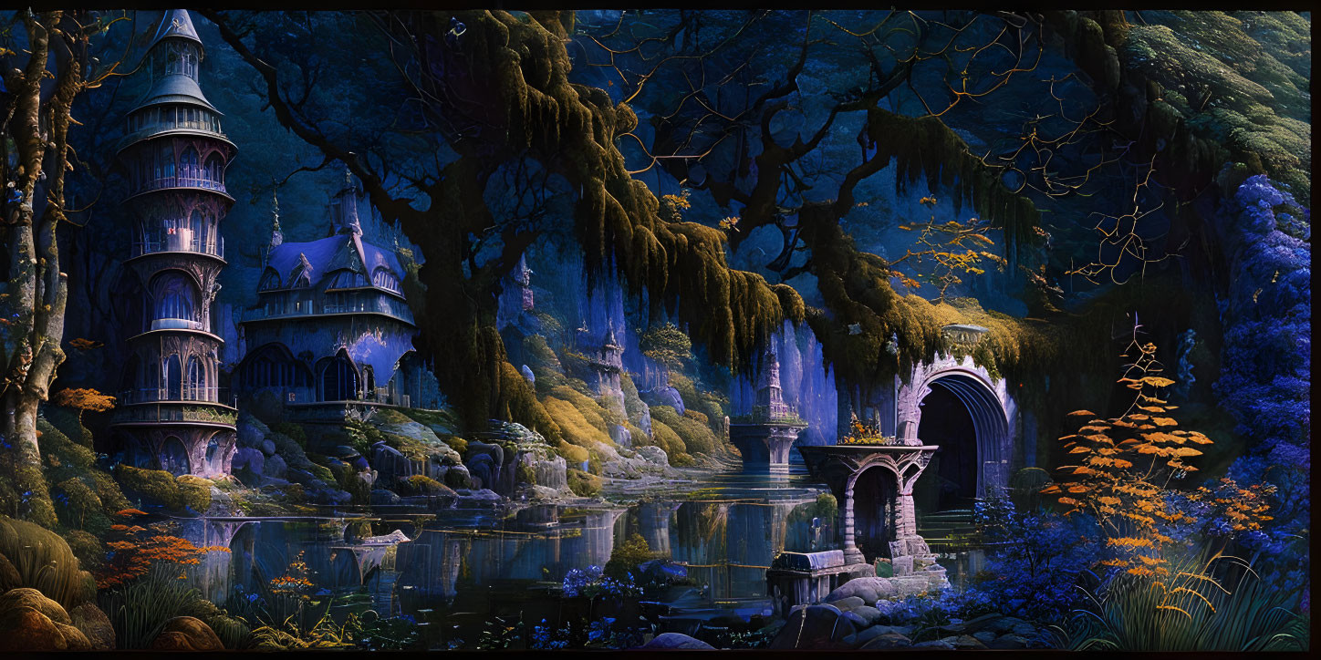 Enchanting twilight forest scene with castle, lake, bridge, and vibrant flora