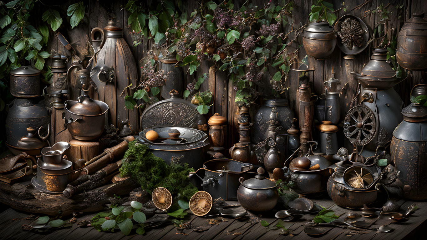 Antique Metal Teapots, Kettles, and Cups Among Green Foliage and Wood