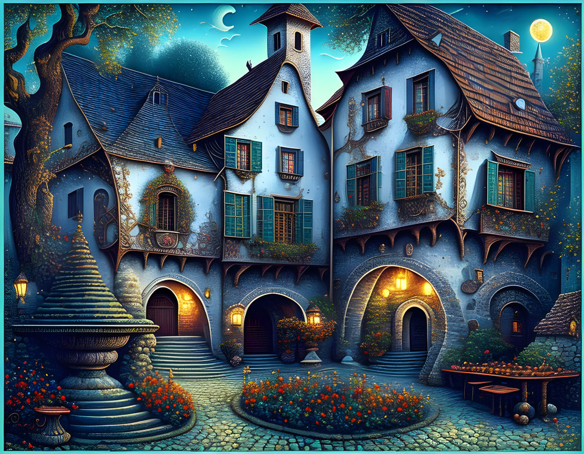 Whimsical village night scene with cobblestone paths & fairytale houses