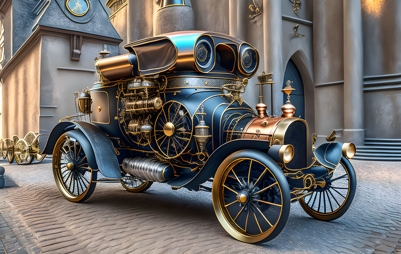 Steampunk-themed car with brass and copper detailing on cobblestone streets