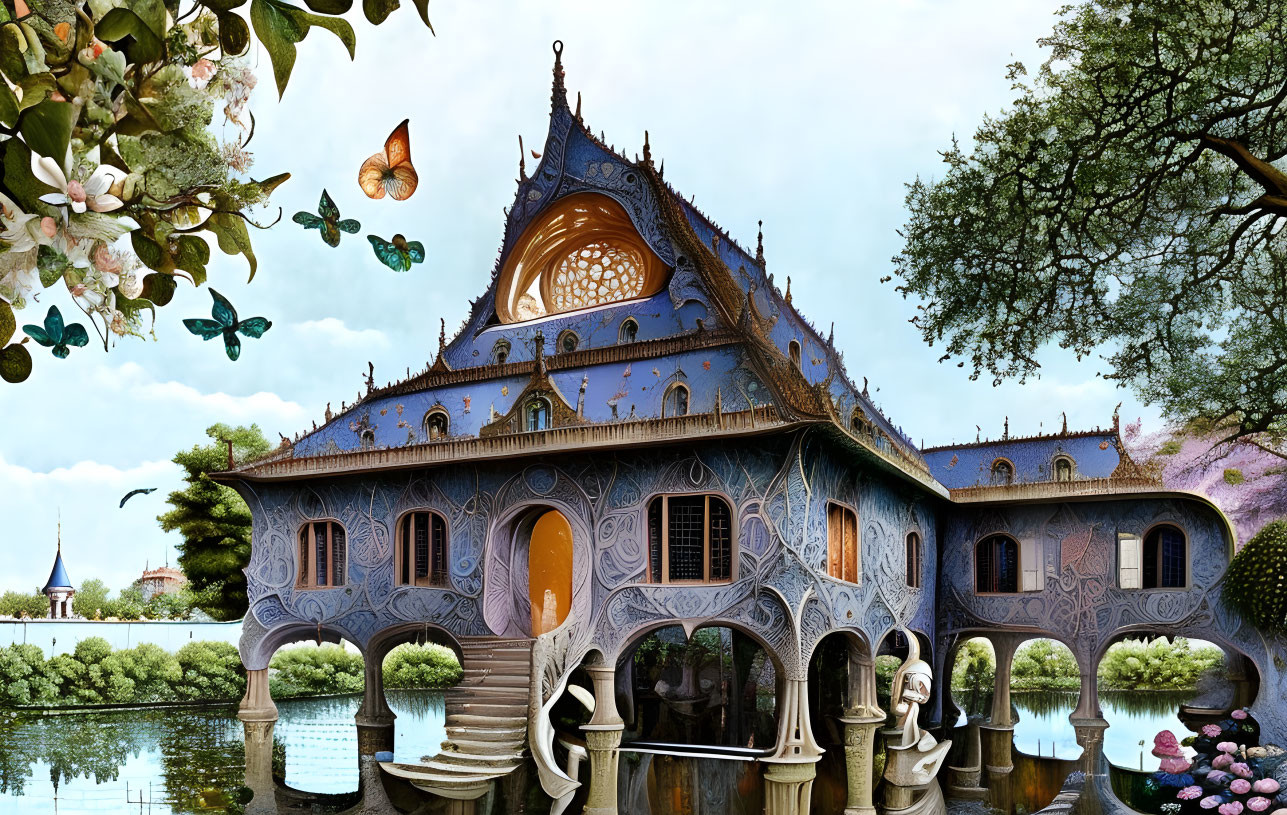 Blue Temple Surrounded by Lake and Lush Greenery