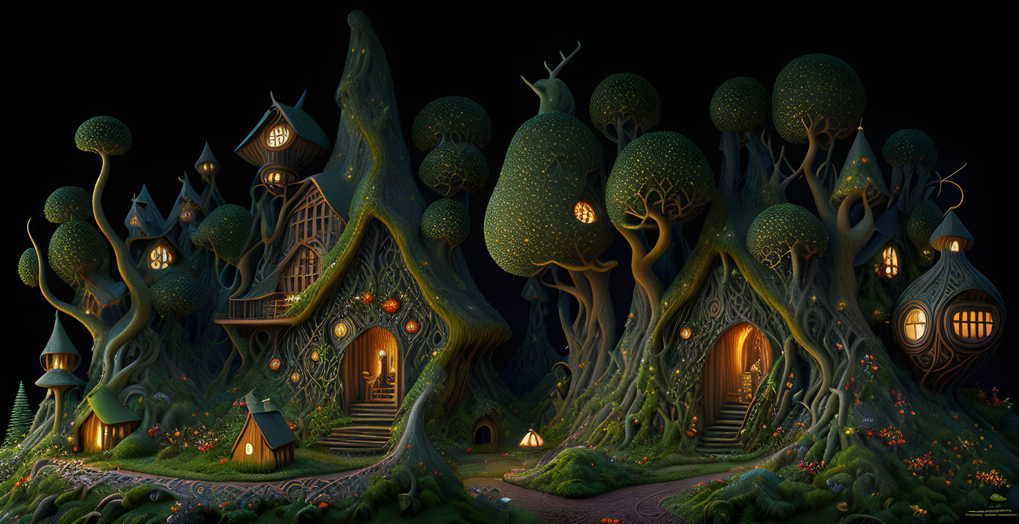 Whimsical Tree Houses in Fantasy Night Landscape