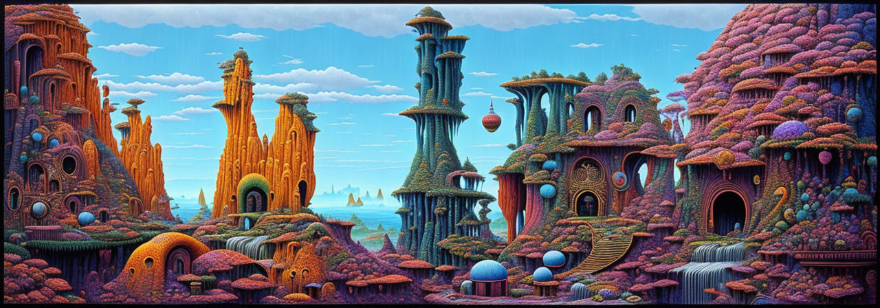 Fantasy landscape with mushroom-like structures and colorful flora