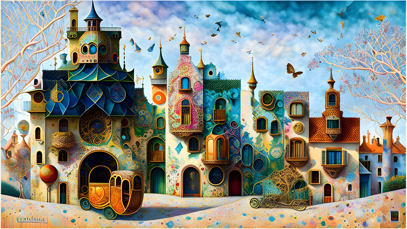 Colorful painting of fantastical architecture with flying birds and swirling patterns