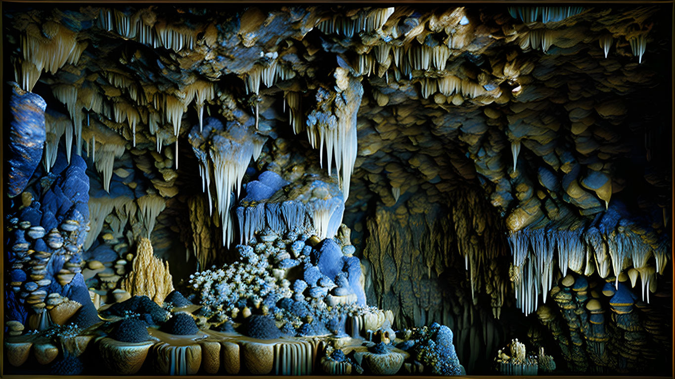 Detailed Cave Interior with Blue and Brown Stalactites and Stalagmites