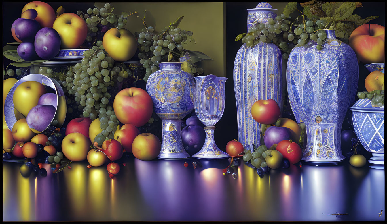 Ripe fruits and blue & white porcelain vessels in still life