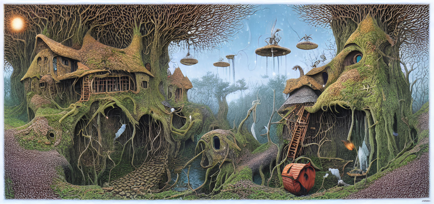 Fantasy village with treehouses, floating platforms, & mystical creatures