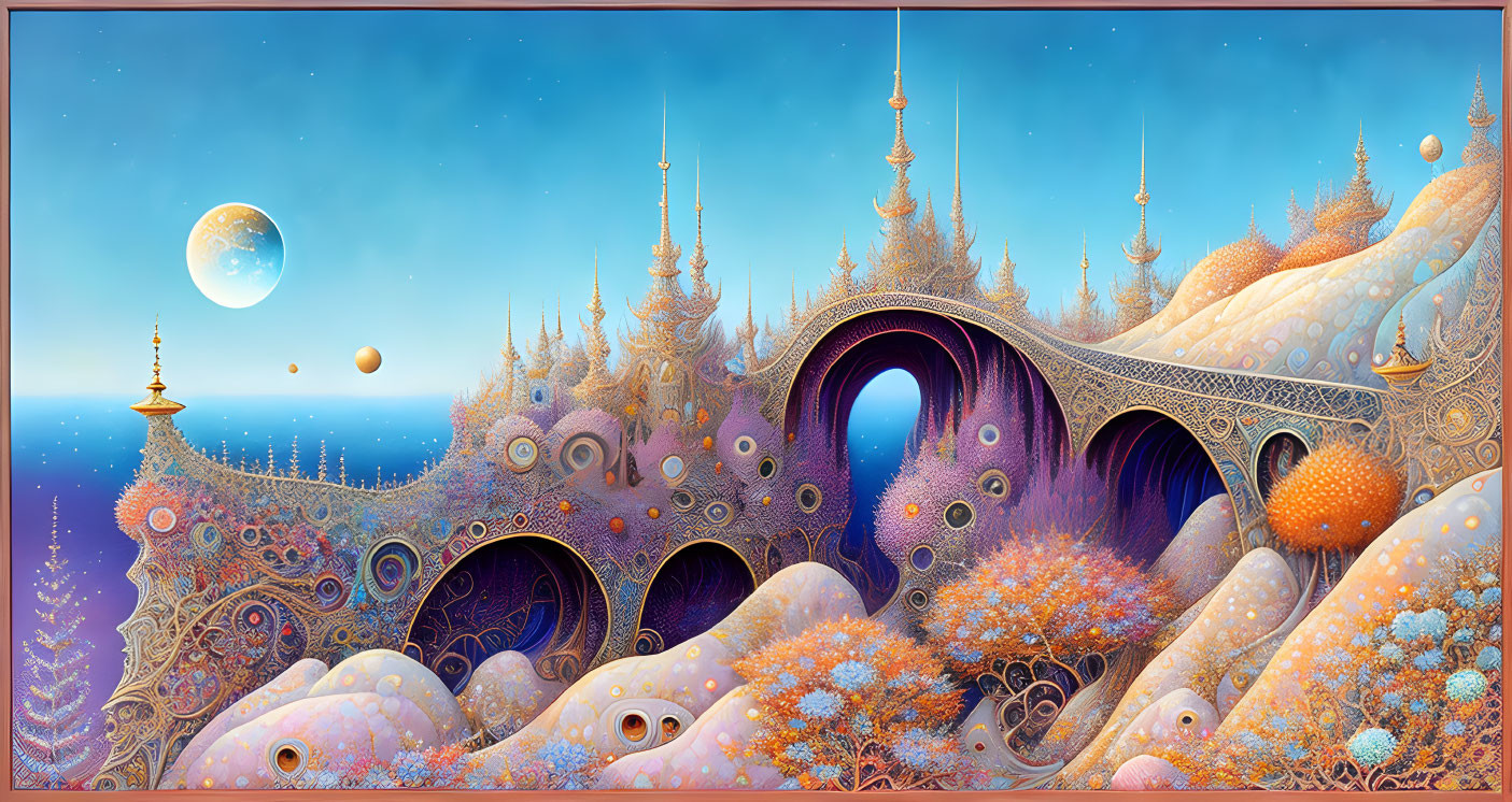 Colorful fantasy landscape with arches, spires, and two moons