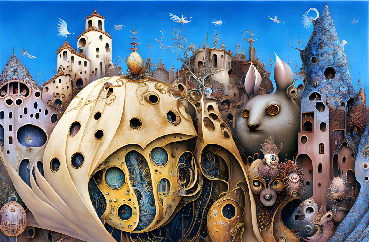 Fantastical Surrealistic Painting with Cityscape and Flying Birds