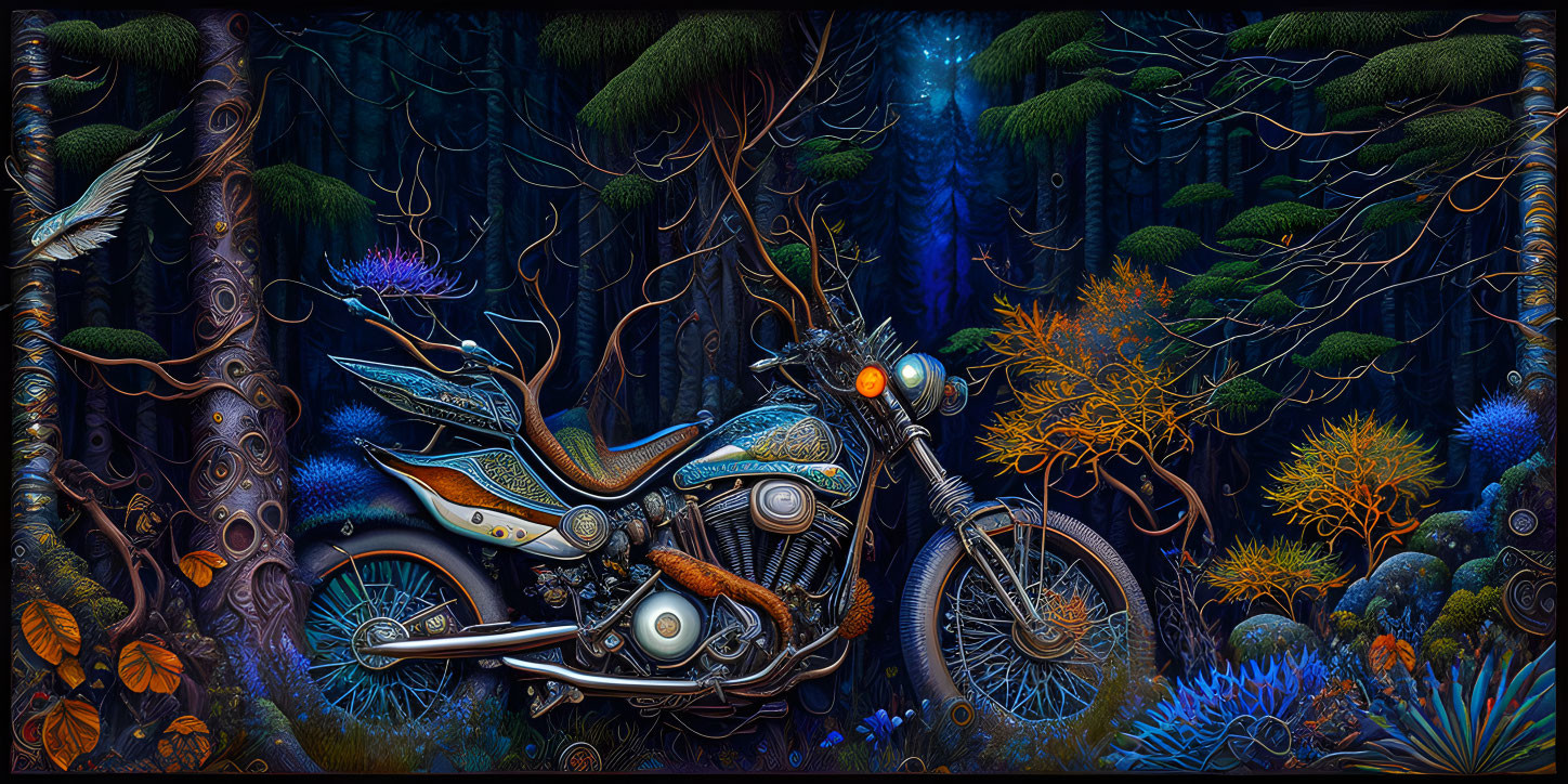 Colorful Digital Art: Motorcycle with Organic and Underwater Design Elements