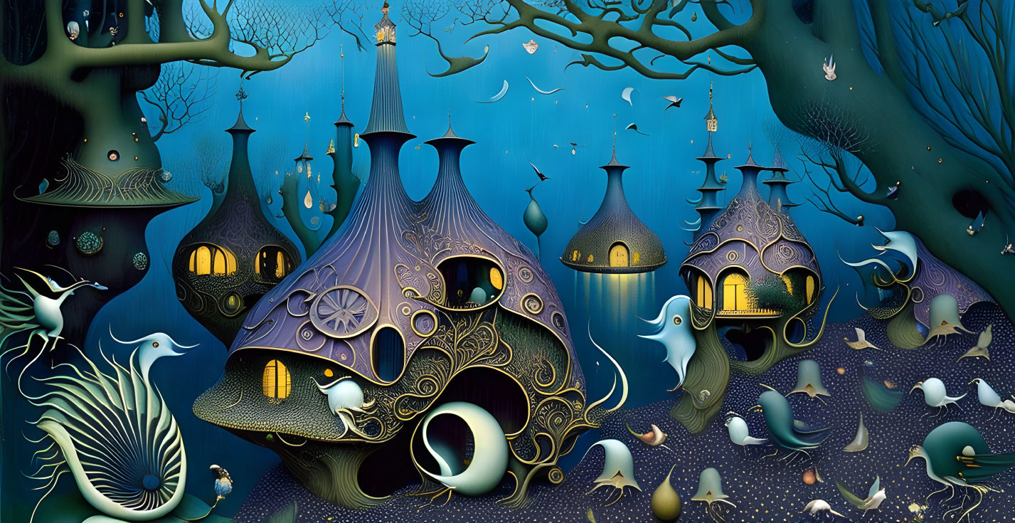 Ornate fish and tree-like structures in whimsical underwater scene