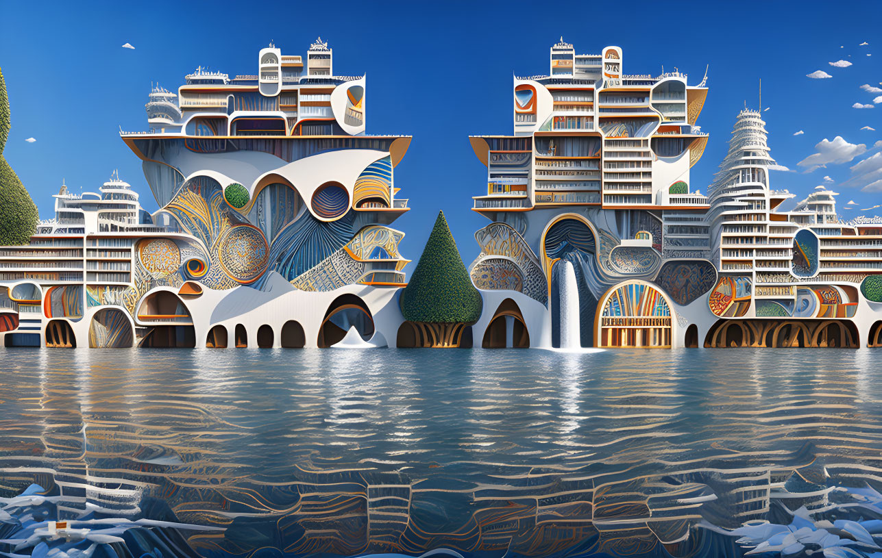 Surreal architecture with undulating curves and patterns by the waterfront