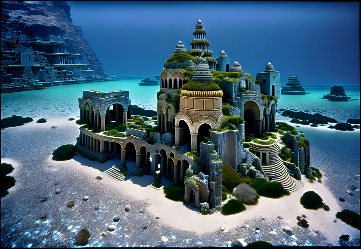 Underwater cityscape with domed structures and marine flora in deep blue ocean