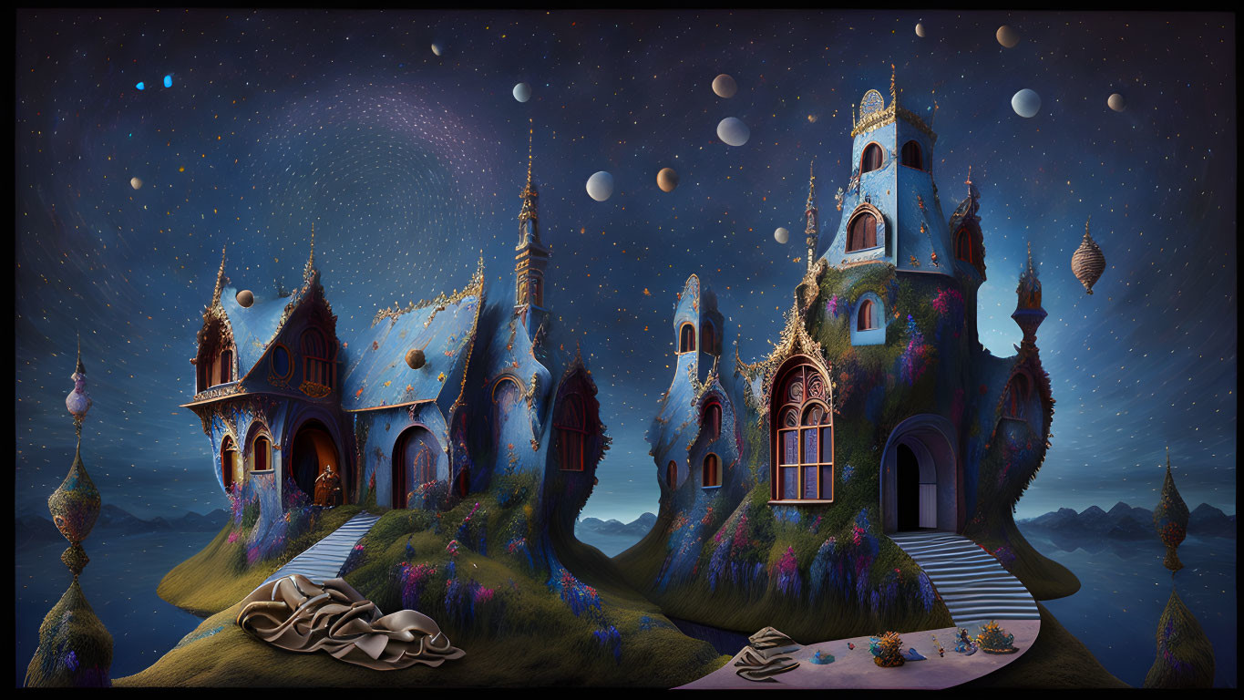 Whimsical nocturnal landscape with ornate buildings and floating islands