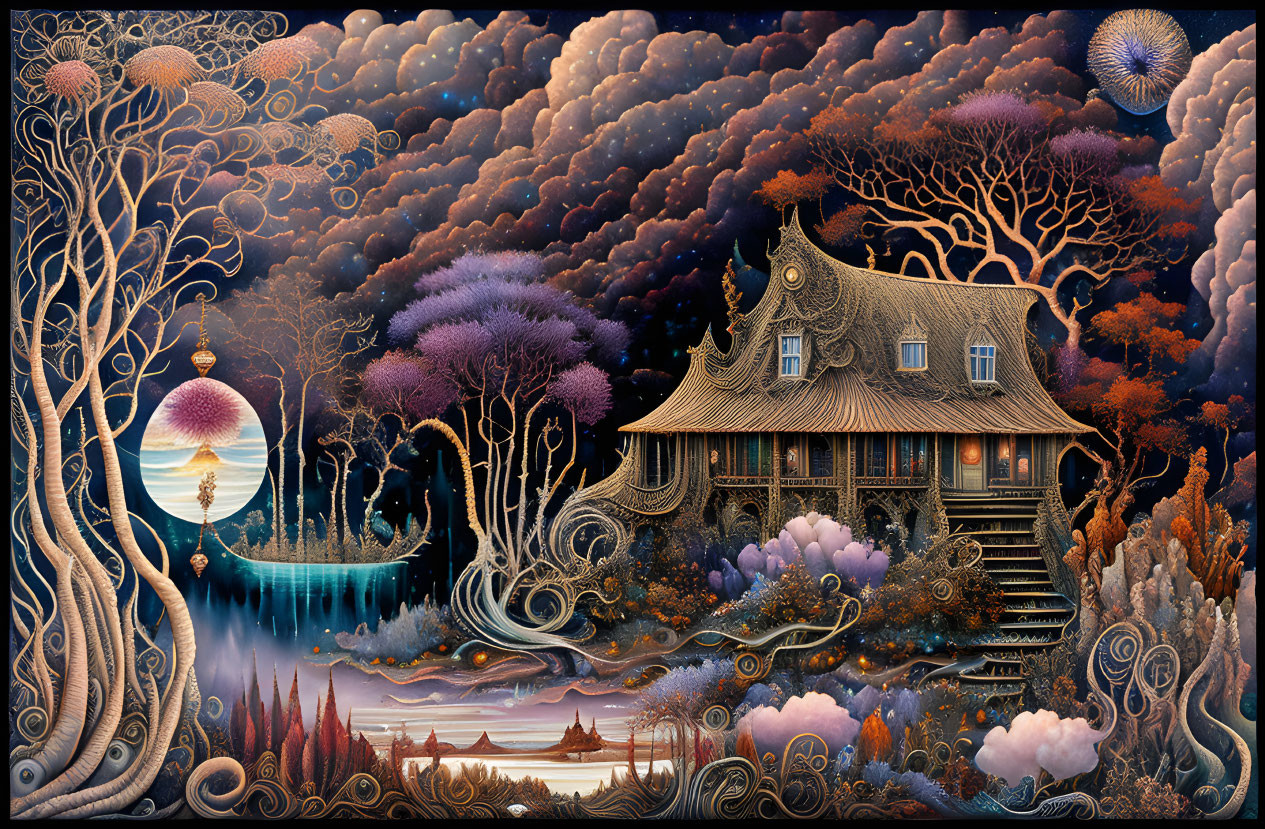 Fantastical landscape with traditional house, starry sky, colorful clouds, and tranquil lake