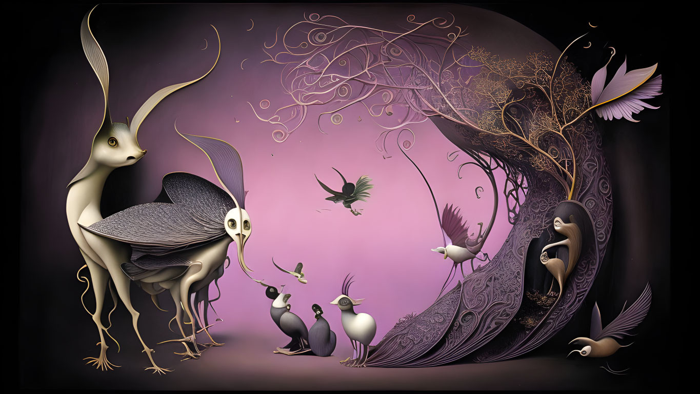 Whimsical illustration of mythical rabbit, bird, and peacock creatures in purple landscape