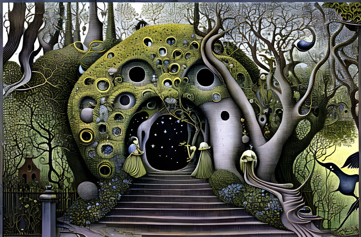 Whimsical fantasy illustration of intricate organic house with round windows, surreal trees, small figures