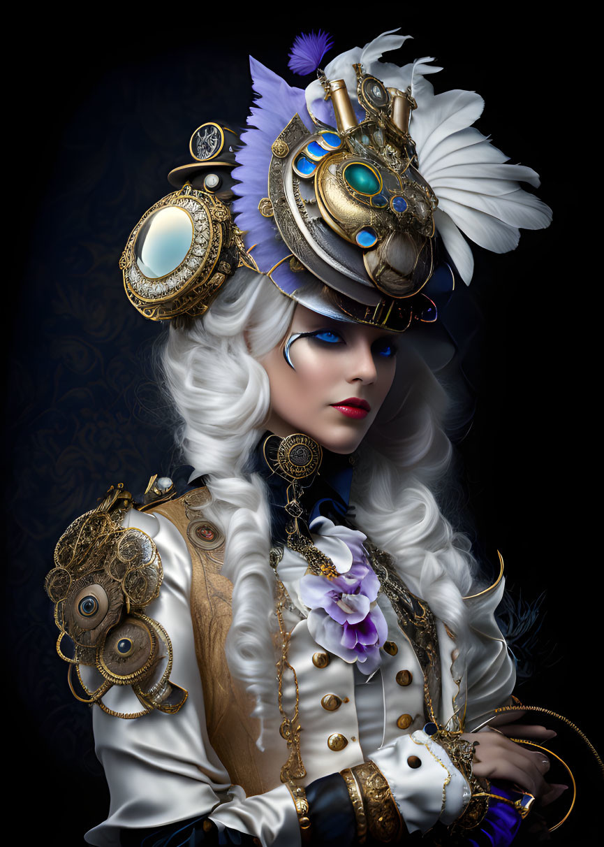 White-haired woman in steampunk attire with feathered hat and monocle