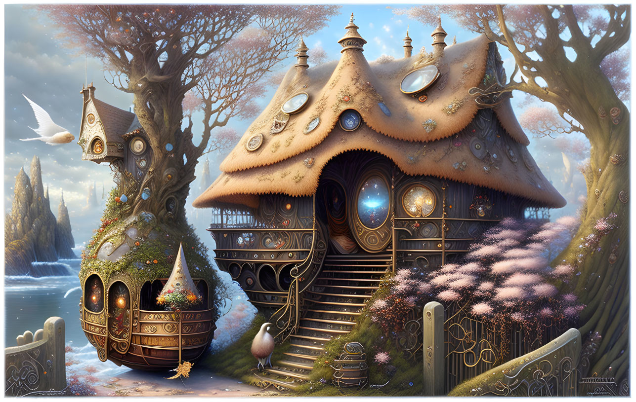 Whimsical fantasy cottage in serene winter landscape