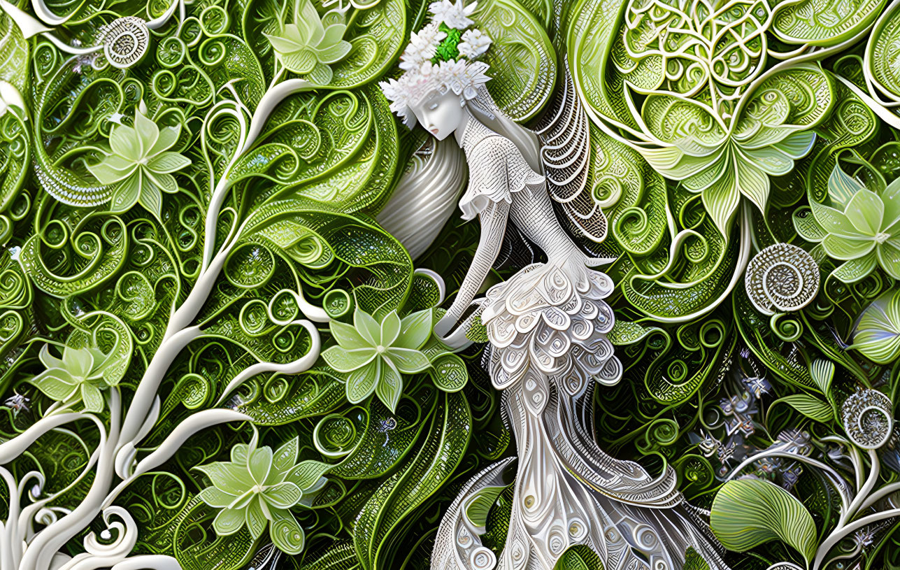 Detailed green and white floral woman artwork with intricate patterns