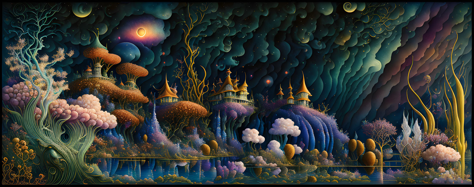 Fantastical night landscape with mushroom-like trees and dreamlike houses